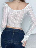 namcoverse namcoverse-Y2k Lace Frill See-through Crop Tops for Women Summer Off Shoulder Long Sleeve Slim Ruched Tee Shirts Blouse Clubwear Streetwear