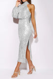 namcoverse Sequins Scarf One Shoulder Slit Dress