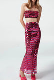 namcoverse Sequins Strapless Crop Top Back Slit Midi Skirt Suits