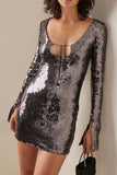 namcoverse Sequins V Neck Flares Sleeve Pack Hip Dress