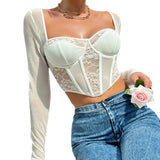 namcoverse namcoverse-Women Y2k Lace Patchwork Corset Crop Tops Sexy V Neck Long Sleeve T-shirt See Through Open Back Bustier Shirt Streetwear