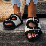 namcoverse Women's Slippers Fur Plush Platform Wear Non-slip Slippers Casual Fashion Pin Buckle Roman Flip-flops Winter New Style