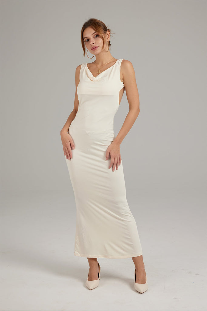 namcoverse Solid Color Cowl Neck Backless Pack Hip Dress