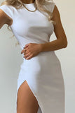 namcoverse Solid Color Crew Neck Slit Dress