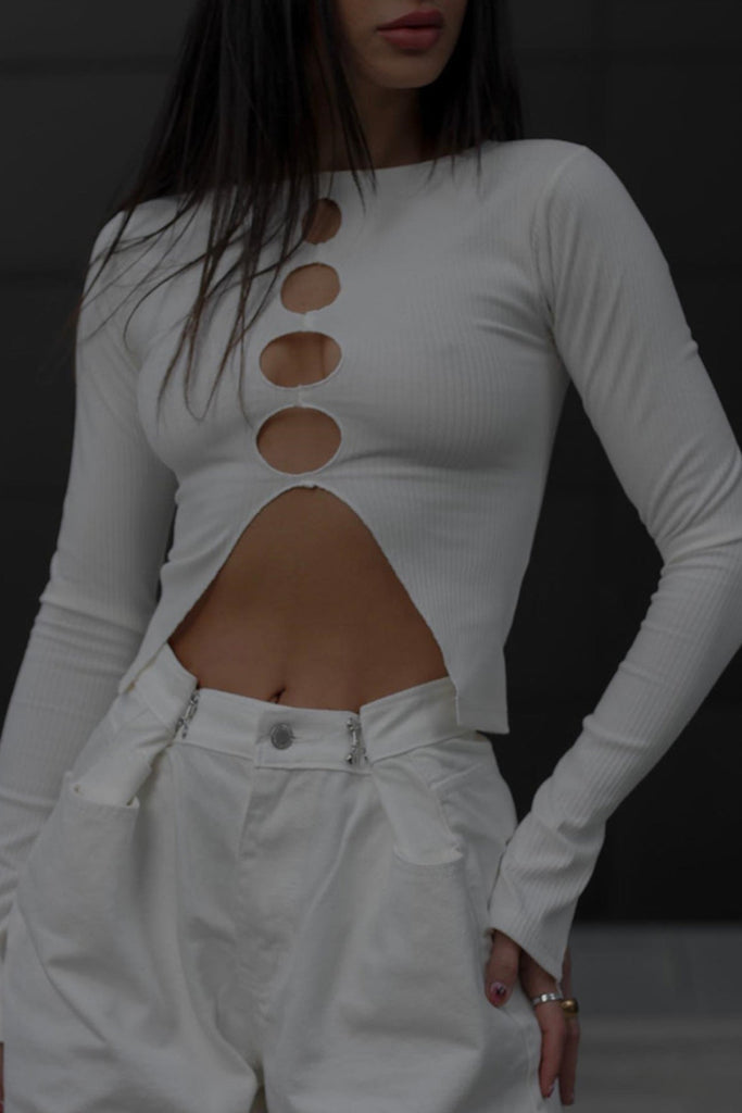 namcoverse Solid Color Hollow Out Ribbed Knit Tops