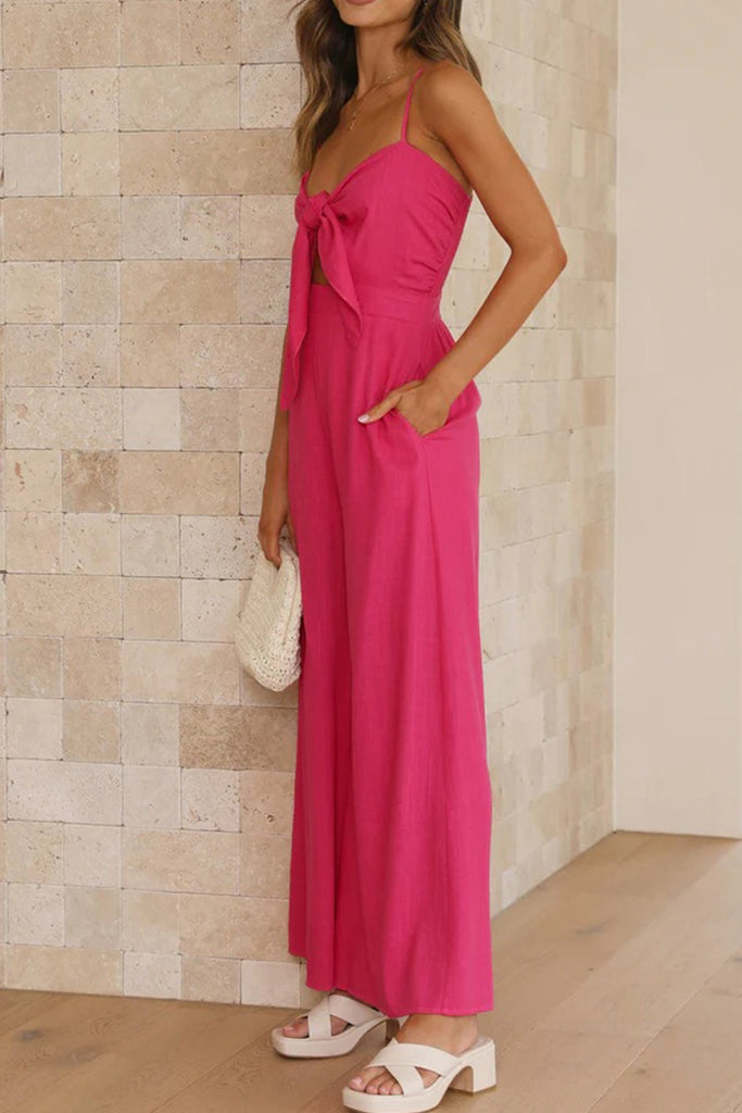 namcoverse Solid Color Knot-front Wide Leg Cami Jumpsuits