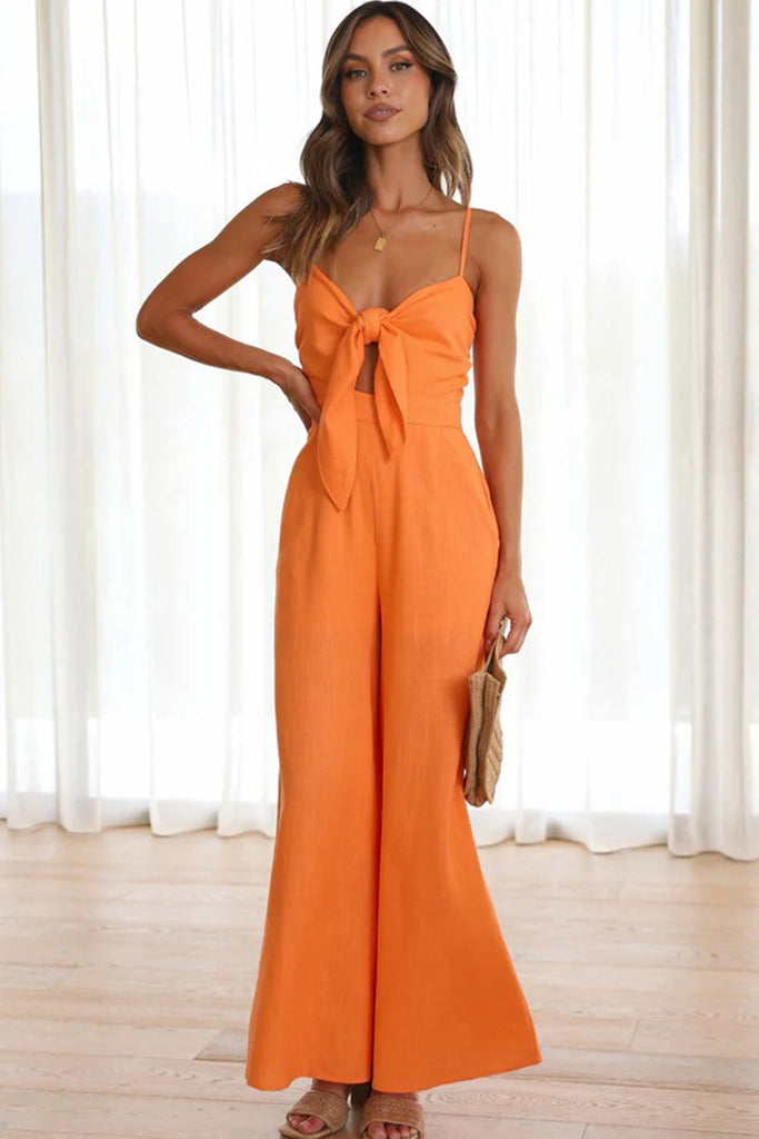 namcoverse Solid Color Knot-front Wide Leg Cami Jumpsuits