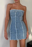 namcoverse Solid Color Raw Edge Strapless Denim Dress