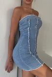 namcoverse Solid Color Raw Edge Strapless Denim Dress