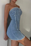 namcoverse Solid Color Raw Edge Strapless Denim Dress
