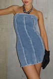 namcoverse Solid Color Raw Edge Strapless Denim Dress