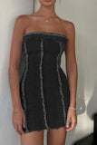 namcoverse Solid Color Raw Edge Strapless Denim Dress