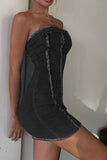 namcoverse Solid Color Raw Edge Strapless Denim Dress