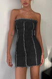 namcoverse Solid Color Raw Edge Strapless Denim Dress