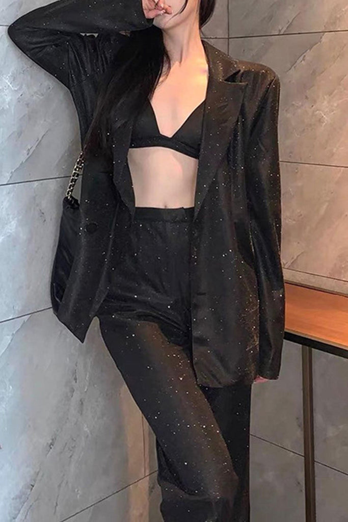 namcoverse Solid Color Sequins Blazer Three-Piece Set