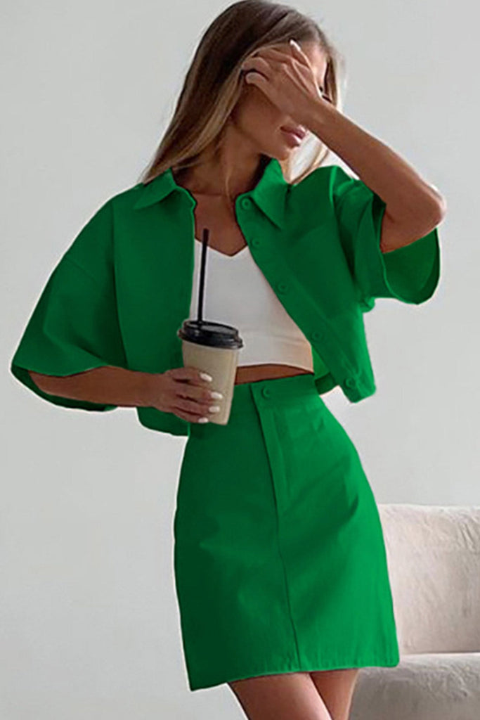 namcoverse Solid Color Shirt Crop Top High Waist Skirt Suits