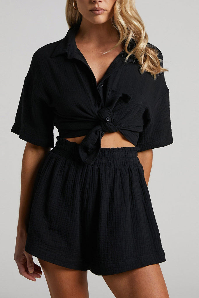namcoverse Solid Color Short Sleeve Shirt Cotton Two-piece Shorts Set