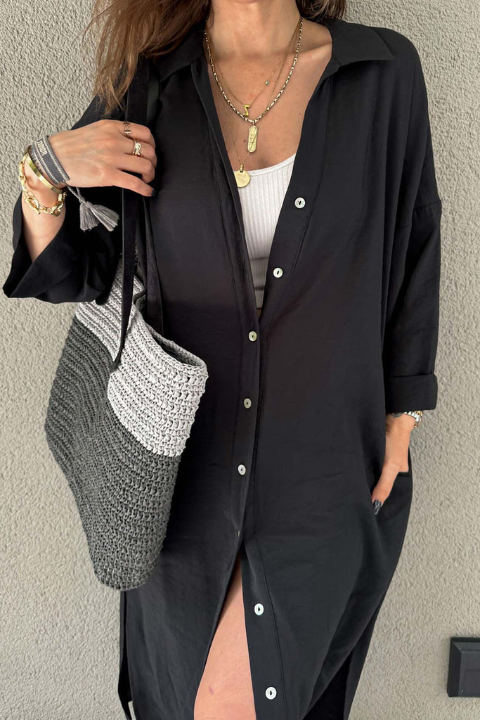 namcoverse Solid Color Single-breasted Slit Shirt Dress