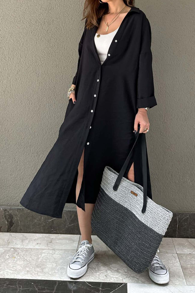 namcoverse Solid Color Single-breasted Slit Shirt Dress