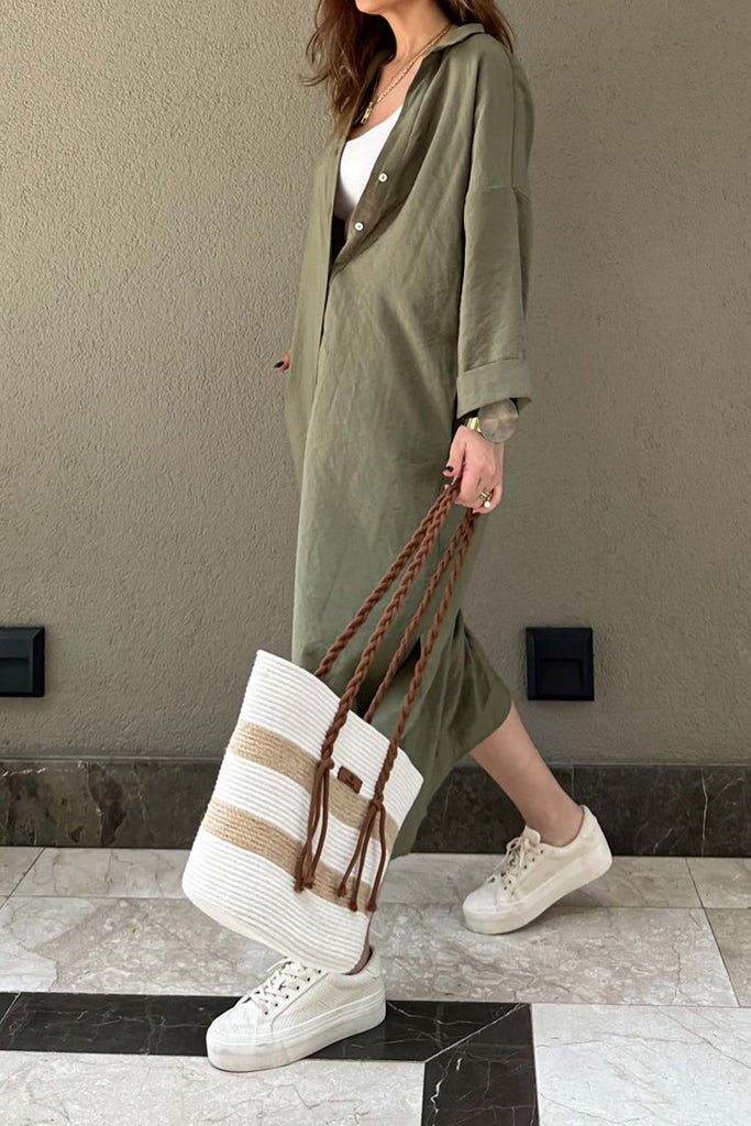 namcoverse Solid Color Single-breasted Slit Shirt Dress