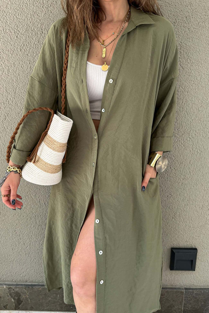 namcoverse Solid Color Single-breasted Slit Shirt Dress