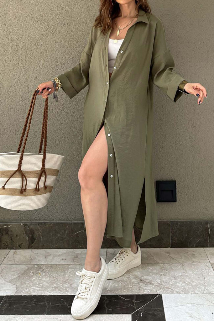 namcoverse Solid Color Single-breasted Slit Shirt Dress