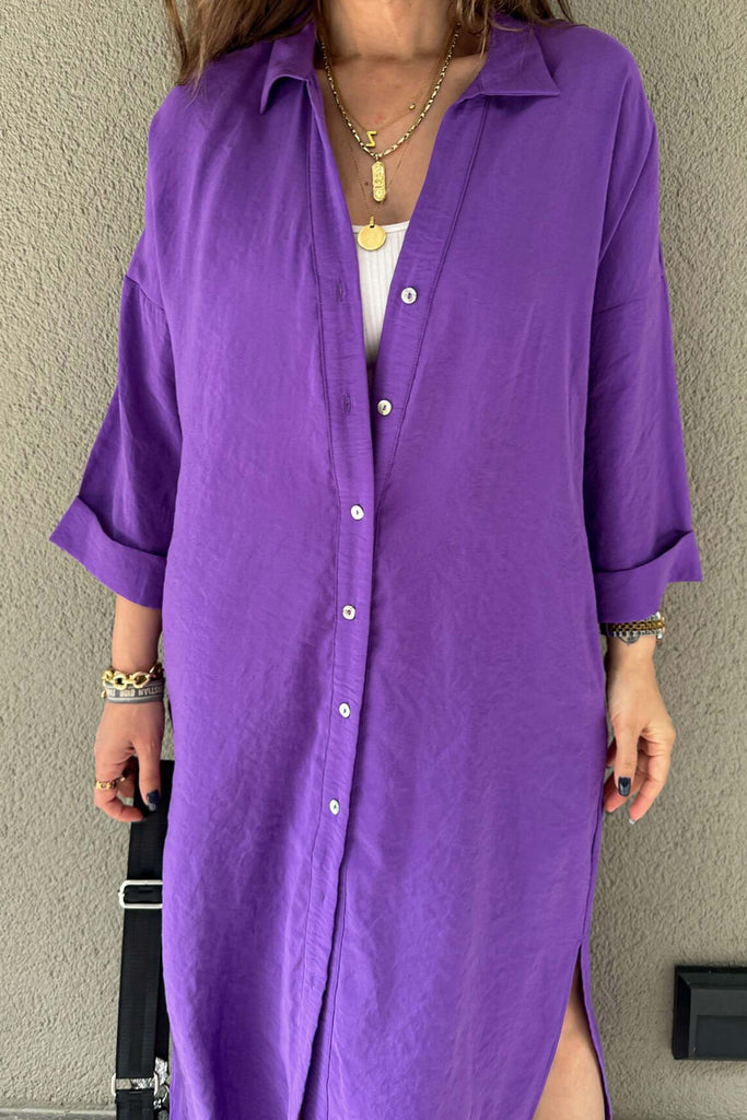 namcoverse Solid Color Single-breasted Slit Shirt Dress