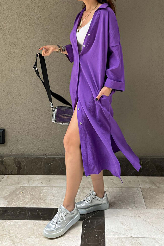 namcoverse Solid Color Single-breasted Slit Shirt Dress