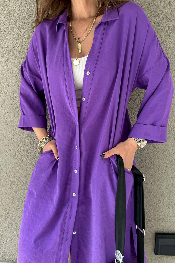 namcoverse Solid Color Single-breasted Slit Shirt Dress
