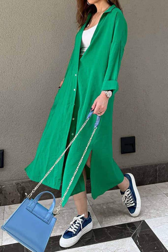 namcoverse Solid Color Single-breasted Slit Shirt Dress