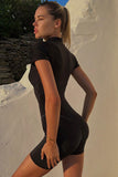 namcoverse Solid Color Zipper Closure Bodycon Rompers
