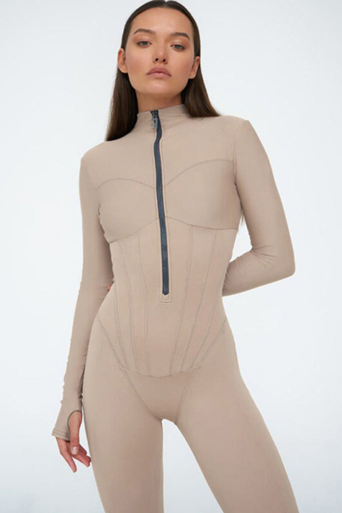 namcoverse Solid Color Zipper-Front Bodycon Jumpsuits