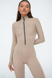 namcoverse Solid Color Zipper-Front Bodycon Jumpsuits