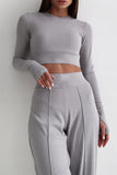 namcoverse Solid Ribbed Crop Top Wide Leg Long Pants Suits