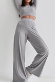 namcoverse Solid Ribbed Crop Top Wide Leg Long Pants Suits