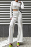 namcoverse Solid Ribbed Crop Top Wide Leg Long Pants Suits