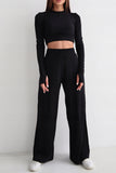 namcoverse Solid Ribbed Crop Top Wide Leg Long Pants Suits