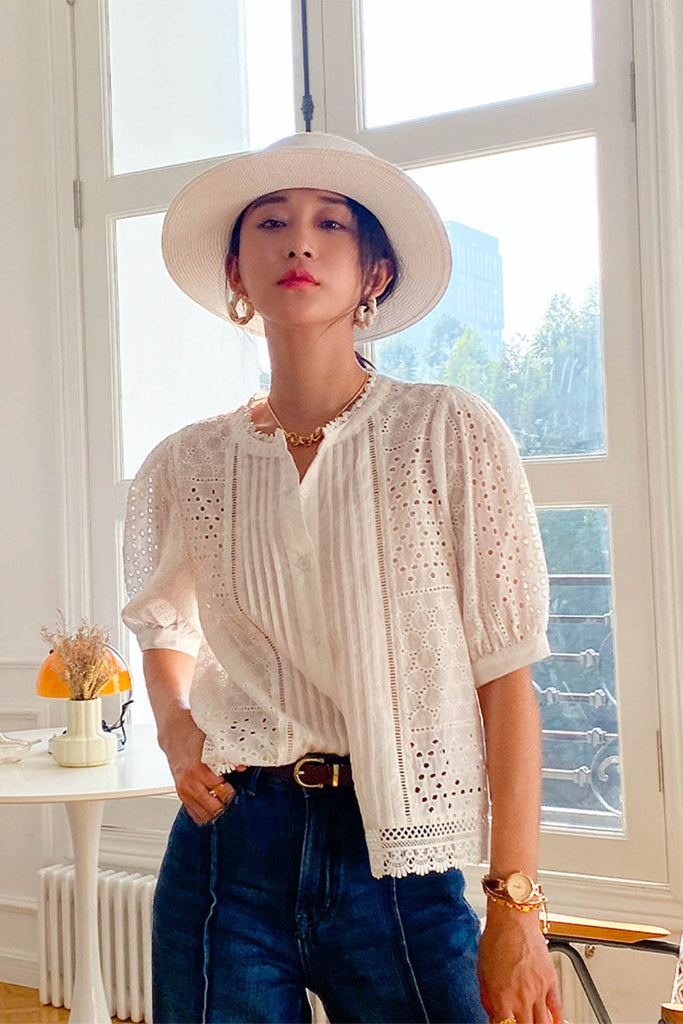 namcoverse Lace Crochet Button-Up Cotton Shirts
