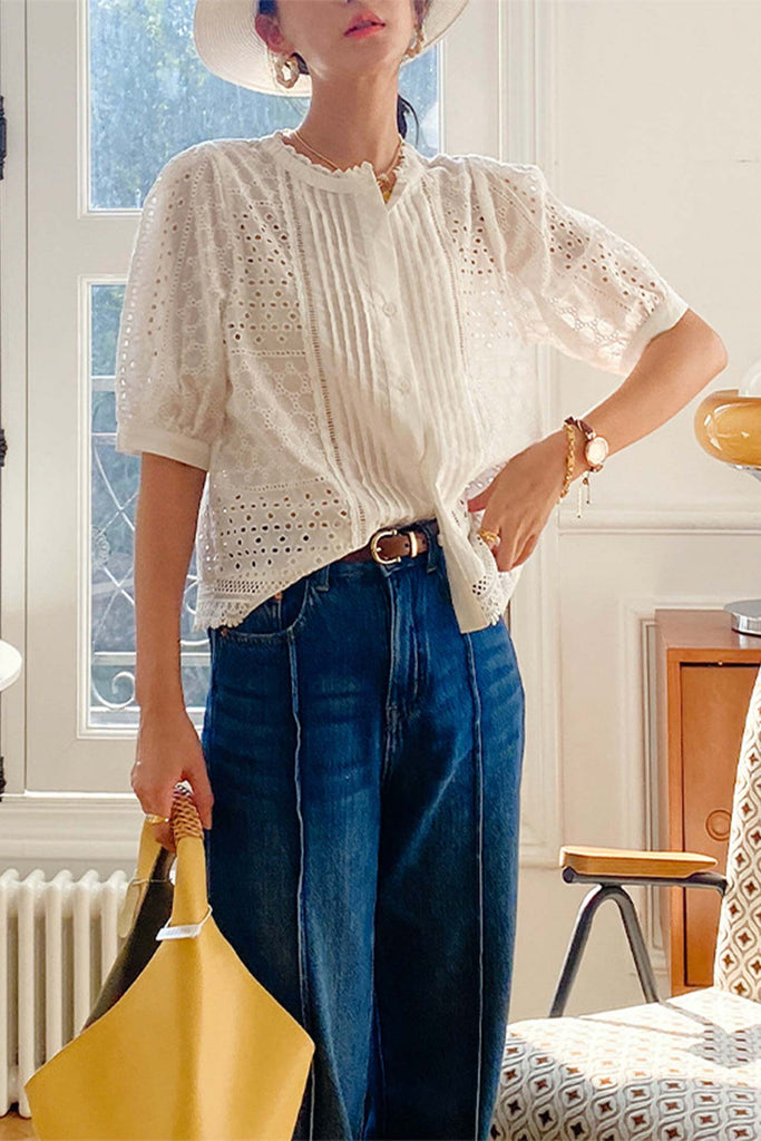 namcoverse Lace Crochet Button-Up Cotton Shirts