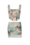 namcoverse Square Neck Portrait Print Corset Crop Top Skirt Suits