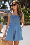 namcoverse Strappy Straps Smocked Denim Cami Rompers