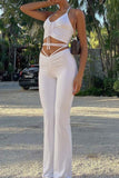 namcoverse Tie-back Ruched Crop Top High Waist Flares Long Pants Set