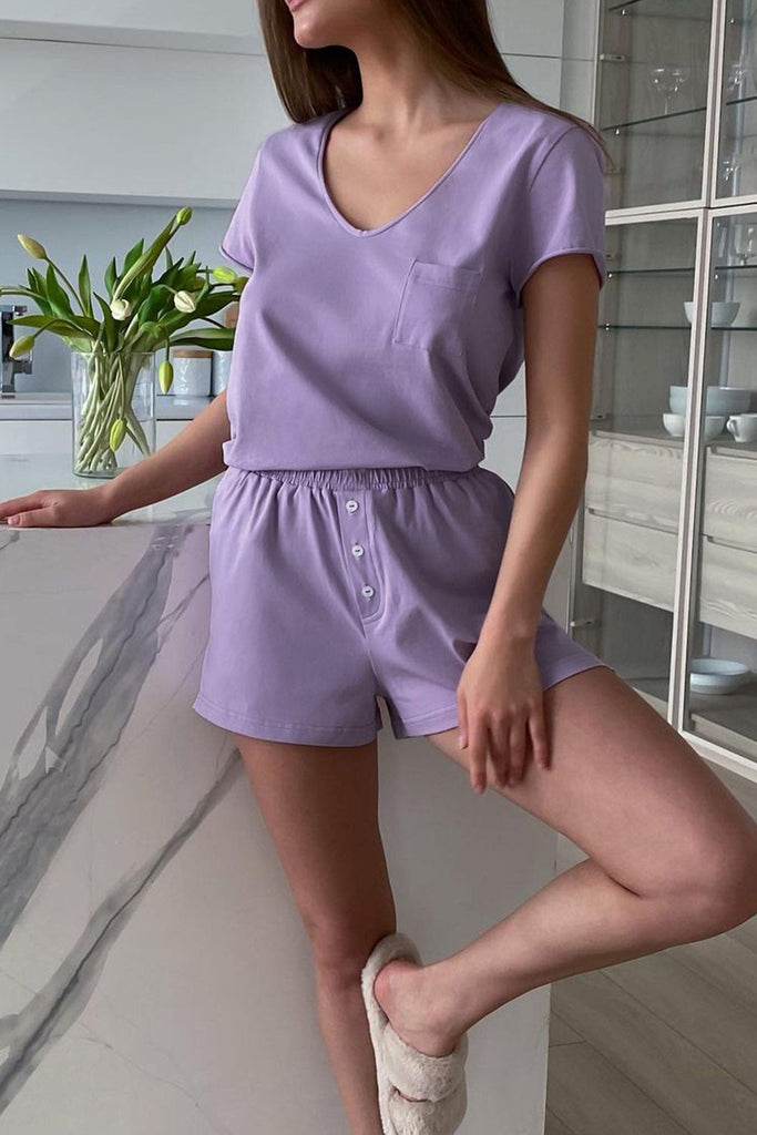 namcoverse Two Piece Solid Color T-shirt Single-breasted Shorts Set
