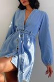 namcoverse V Neck Button Front Lace Up Denim Dress