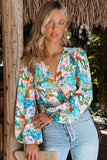 namcoverse V Neck Puff Sleeve Floral Print Shirt