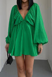 namcoverse V Neck Puff Sleeve Ruched Dress