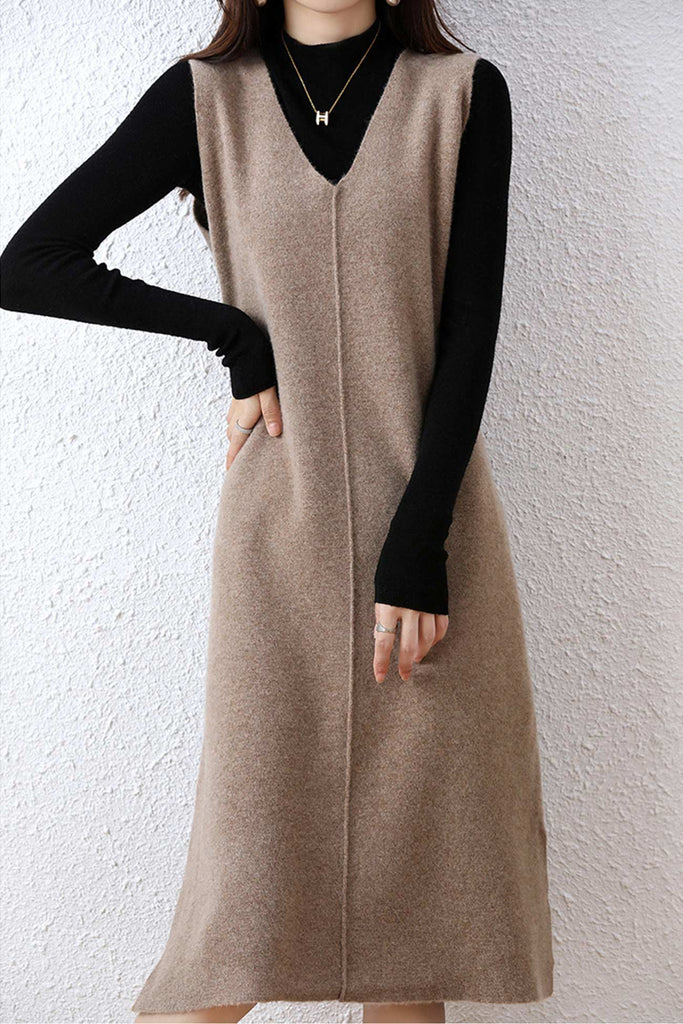 namcoverse V Neck Solid Color Wool Tank Dress