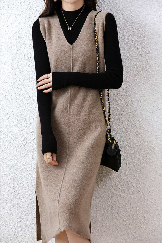 namcoverse V Neck Solid Color Wool Tank Dress