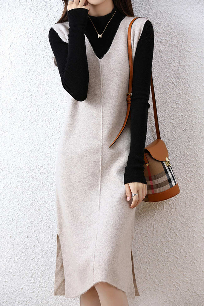 namcoverse V Neck Solid Color Wool Tank Dress