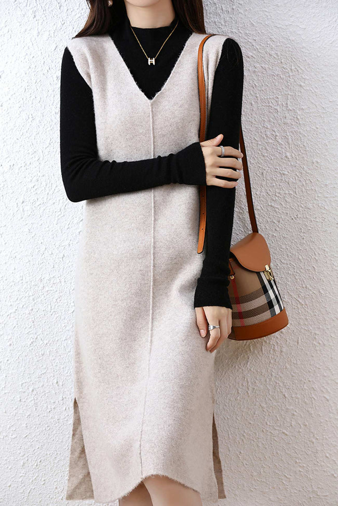 namcoverse V Neck Solid Color Wool Tank Dress